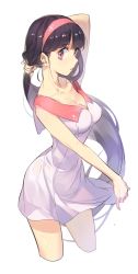 Rule 34 | 1girl, adjusting hair, black hair, black theme, breasts, cleavage, cropped legs, dress, hairband, highres, holding, holding hair, long hair, looking at viewer, mansu, original, pink eyes, ponytail, simple background, solo, source request, very long hair, wet, white background