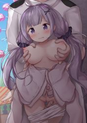 Rule 34 | 1boy, 1girl, azur lane, blush, grabbing another&#039;s breast, breasts, censored, cleft of venus, clothes pull, commander (azur lane), grabbing, grabbing from behind, hair ornament, hair scrunchie, head tilt, hetero, highres, large breasts, long hair, mochiyuki, mosaic censoring, nipples, object insertion, oppai loli, pantyhose, pantyhose pull, purple eyes, purple hair, pussy, scrunchie, sex toy, twintails, unicorn (azur lane), vaginal, vaginal object insertion, vibrator, x hair ornament