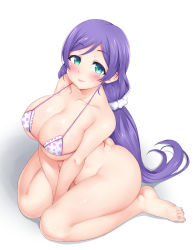 Rule 34 | 10s, 1girl, ass, barefoot, bikini, bikini top only, blush, bottomless, breasts, cleavage, curvy, feet, female focus, full body, green eyes, highres, huge ass, katsura harufumi, large breasts, long hair, love live!, love live! school idol project, plump, polka dot, polka dot bikini, polka dot swimsuit, purple hair, shadow, simple background, sitting, smile, solo, sugamo (nekozet4523), swimsuit, thick thighs, thighs, tojo nozomi, twintails, v arms, very long hair, wariza, white background, wide hips