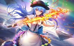 Rule 34 | 1girl, artist request, black headwear, blue hair, blue skirt, center frills, closed mouth, food, frills, fruit, hinanawi tenshi, holding, holding sword, holding weapon, leaf, light particles, long hair, looking at viewer, outdoors, peach, rainbow gradient, red eyes, shirt, skirt, smile, solo, sword, sword of hisou, third-party source, touhou, touhou cannonball, weapon, white shirt