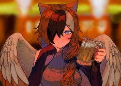Rule 34 | 1girl, absurdres, alcohol, animal ears, bar (place), bare shoulders, beer, beer mug, bird girl, bird wings, breasts, brown background, brown hair, clothing cutout, commission, cup, feathered wings, hair ornament, hair over one eye, hair over shoulder, hair scrunchie, head rest, highres, holding, holding cup, indoors, large breasts, long hair, long sleeves, looking at viewer, low-tied long hair, mug, multicolored hair, original, purple eyes, scrunchie, second-party source, shima natsu35, shoulder cutout, skeb commission, sleeveless, sleeves past wrists, smile, streaked hair, sweater, turtleneck, turtleneck sweater, upper body, wings