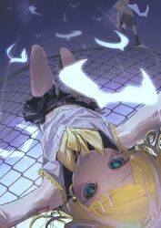 Rule 34 | 1girl, bare shoulders, blonde hair, blue eyes, bow, brother and sister, chain-link fence, cloud, cloudy sky, fence, foreshortening, grey sky, hair bow, hair ornament, hairclip, hanging, highres, kagamine len, kagamine rin, leg warmers, looking at viewer, midriff peek, mmon 115, number tattoo, pale skin, perspective, pleated shorts, sailor collar, shirt, shorts, shoulder tattoo, siblings, sky, sleeveless, sleeveless shirt, smile, socks, solo focus, swept bangs, tattoo, twins, upside-down, vocaloid, white bow