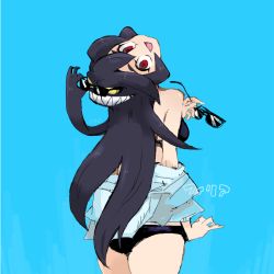 Rule 34 | 1girl, 2017, 770mk, bikini, blue background, cowboy shot, filia (skullgirls), from behind, grin, head tilt, looking at viewer, looking back, open mouth, red eyes, samson (skullgirls), sharp teeth, skullgirls, slit pupils, smile, sunglasses removed, swimsuit, teeth, yellow eyes