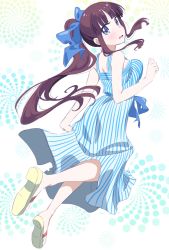 Rule 34 | 1girl, blue bow, blue eyes, bow, brown hair, dress, floating hair, full body, hair bow, highres, long hair, looking at viewer, looking back, makicha (sasurainopink), new game!, open mouth, ponytail, simple background, sleeveless, sleeveless dress, solo, striped clothes, striped dress, sundress, takimoto hifumi, vertical-striped clothes, vertical-striped dress, very long hair, white background