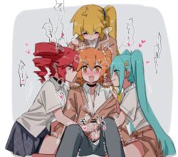 Rule 34 | 1futa, 3girls, :3, a.i. voice, adachi rei, ahoge, akita neru, aqua eyes, aqua hair, aqua nails, black choker, black pants, blonde hair, blue skirt, blush, brown cardigan, brown skirt, cardigan, choker, closed eyes, collared shirt, cum, cum on clothes, double handjob, drill hair, ear piercing, futa with female, futanari, grey background, gyaru, hair ornament, hair ribbon, hairclip, handjob, hands on another&#039;s shoulders, hatsune miku, heart, kasane teto, long hair, looking at another, multiple girls, nejikyuu, one side up, open mouth, orange hair, pants, penis, piercing, plaid clothes, plaid skirt, red eyes, red hair, red nails, ribbon, saliva, shirt, side ponytail, sidelocks, sitting, skirt, small penis, smile, sweat, triple ryuunen, twin drills, twintails, utau, vocaloid, white ribbon, white shirt, yellow nails