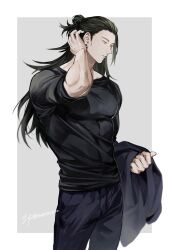 Rule 34 | 1boy, arm up, black hair, black jacket, black pants, black shirt, closed mouth, cowboy shot, ear piercing, getou suguru, grey background, hair bun, hair pulled back, highres, holding, holding clothes, holding jacket, jacket, jujutsu kaisen, long hair, male focus, muscular, muscular male, pants, piercing, shirt, sleeves rolled up, solo, standing, tntnsososo, twitter username, yellow eyes