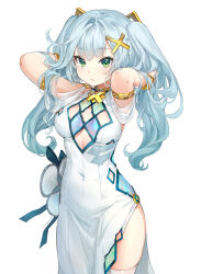 Rule 34 | 1girl, absurdres, alternate breast size, aqua hair, armlet, arms up, breasts, commentary, covered navel, cowboy shot, dress, faruzan (genshin impact), genshin impact, green eyes, hands in hair, highres, large breasts, short sleeves, simple background, solo, standing, twintails, white background, white dress, ziyue