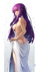 Rule 34 | 1girl, :t, absurdres, ass, back, backless dress, backless outfit, breasts, butt crack, dress, evening gown, falling petals, fern (sousou no frieren), hair ornament, hangu, highres, large breasts, long hair, looking at viewer, looking back, petals, pout, purple eyes, purple hair, side slit, sideboob, solo, sousou no frieren, very long hair, white dress