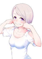 Rule 34 | 1girl, :d, blush, breasts, cheek pinching, clothing cutout, commentary request, hands up, hi iro, highres, looking at viewer, medium breasts, open mouth, original, pinching, purple eyes, purple hair, shirt, short hair, shoulder cutout, simple background, smile, solo, upper body, white background, white shirt