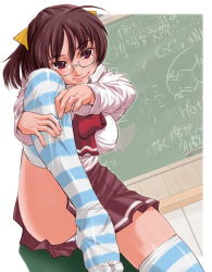 Rule 34 | 1girl, glasses, original, school uniform, serafuku, shinama, solo, striped clothes, striped thighhighs, thighhighs