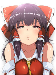 Rule 34 | 1girl, ascot, ascot between breasts, bare shoulders, blush, bow, breasts, brown hair, cleavage, collarbone, detached sleeves, frilled bow, frilled hair tubes, frills, hair bow, hair tubes, hakurei reimu, half-closed eyes, highres, hyudora, incoming kiss, large breasts, leaning forward, lips, long hair, looking at viewer, pink eyes, puckered lips, red bow, red vest, sidelocks, simple background, solo, touhou, upper body, vest, white background, yellow ascot
