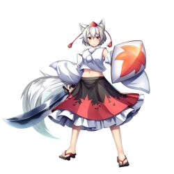 Rule 34 | 1girl, animal ears, black footwear, black skirt, closed mouth, detached sleeves, full body, game cg, geta, hat, highres, holding, holding shield, holding sword, holding weapon, inubashiri momiji, leaf print, looking at viewer, maple leaf print, navel, pom pom (clothes), red eyes, red hat, red skirt, rotte (1109), shield, shirt, short hair, simple background, skirt, solo, sword, tail, third-party source, tokin hat, touhou, touhou lostword, two-tone skirt, weapon, white background, white hair, white shirt, wide sleeves, wolf ears, wolf girl, wolf tail