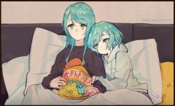Rule 34 | 2girls, bag, bang dream!, brown shirt, chips (food), couch, cuddling, food, green eyes, hikawa hina, hikawa sayo, holding, holding bag, holding hands, hood, hoodie, interlocked fingers, locked arms, long hair, medium hair, milk puppy, multiple girls, on couch, pillow, potato chips, shirt, siblings, sisters, twins, twitter username, under covers, white hoodie