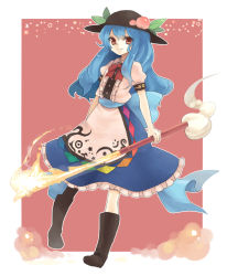 Rule 34 | 1girl, bad id, bad pixiv id, blue hair, boots, bow, bowtie, female focus, food, fruit, full body, hat, hinanawi tenshi, konbu ame, leaf, long hair, peach, red eyes, ribbon, skirt, smile, solo, sword, sword of hisou, touhou, weapon, white background