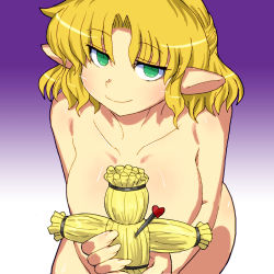 Rule 34 | 1girl, blonde hair, breasts, censored, censored nipples, collarbone, convenient censoring, female focus, fingernails, gomi ichigo, gradient background, green eyes, heart, highres, large breasts, leaning forward, looking at viewer, mizuhashi parsee, nail, nude, pointy ears, short hair, smile, solo, straw doll, touhou