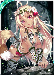 Rule 34 | 1girl, :o, ahoge, arm support, bad id, bad pixiv id, bare shoulders, barefoot, blonde hair, blush, breasts, character request, cleavage, dark-skinned female, dark skin, fang, fingernails, flower, forest, hair between eyes, hair flower, hair ornament, head tilt, highres, long hair, looking at viewer, medium breasts, nature, night, official art, open mouth, outdoors, red eyes, revealing clothes, rock, shinkai no valkyrie, solo, tail, torn clothes, tree, very long hair, white flower, white tiger print, yan (nicknikg)