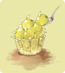 Rule 34 | (-3-), creature as food, creatures (company), cup, food focus, game freak, gen 3 pokemon, green background, gulpin, ice, in container, in cup, nintendo, no humans, o3o, pokefood, pokemon, pokemon (creature), reflection, spoon, tomekichi