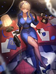 Rule 34 | 1girl, absurdres, belt, black belt, black gloves, blue dress, blue hairband, blue ribbon, breasts, cleavage, closed mouth, collarbone, dress, gloves, grey eyes, grey hair, hair ribbon, hairband, highres, large breasts, long sleeves, looking at viewer, merope (p5x), on table, persona, persona 5, persona 5: the phantom x, ribbon, single sidelock, smile, solo, table, yolanda