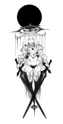 Rule 34 | 1girl, absurdres, armor, closed mouth, crown, dripping, dual wielding, facial mark, greyscale, halo, highres, holding, holding sword, holding weapon, horns, izayoi cha, knight, long horns, medium hair, monochrome, navel, original, pauldrons, shoulder armor, simple background, sketch, solo, sun, sword, vambraces, weapon, white background