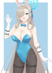 Rule 34 | 1girl, :d, absurdly long hair, absurdres, animal ears, asuna (blue archive), asuna (bunny) (blue archive), bare shoulders, black pantyhose, blue archive, blue bow, blue bowtie, blue eyes, blue leotard, blue ribbon, blush, border, bow, bowtie, breasts, cleavage, collarbone, commentary request, cowboy shot, detached collar, elbow gloves, fake animal ears, flatfield, gloves, hair over one eye, hair ribbon, halo, hand up, highres, large breasts, leotard, light brown hair, long hair, looking at viewer, mole, mole on breast, official alternate costume, open mouth, outside border, pantyhose, playboy bunny, rabbit ears, ribbon, smile, solo, standing, swept bangs, thighband pantyhose, very long hair, waving, white border, white gloves