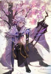 Rule 34 | 1boy, black footwear, boots, capelet, closed mouth, fate/stay night, fate (series), hair between eyes, highres, hxxg, knees up, light purple hair, looking at viewer, male focus, merlin (fate/stay night), outdoors, petals, purple eyes, robe, sitting, smile, solo, staff, tree