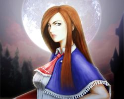 Rule 34 | 1girl, ascot, breasts, brown hair, capelet, castle, castlevania (series), castlevania: portrait of ruin, charlotte aulin, long hair, moon, solo, tree