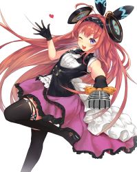 Rule 34 | 1girl, ;d, black footwear, black gloves, black hairband, black neckwear, blue eyes, blush, boots, bow, floating hair, frilled skirt, frills, gloves, hairband, heart, highres, holding, holding microphone, layered skirt, lishenna omen of destruction, long hair, microphone, one eye closed, open mouth, orange bow, outstretched arm, purple skirt, red hair, shadowverse, shirt, simple background, skirt, sleeveless, sleeveless shirt, smile, solo, standing, standing on one leg, thigh boots, thighhighs, very long hair, white background, white shirt, yamato (muchuu paradigm)