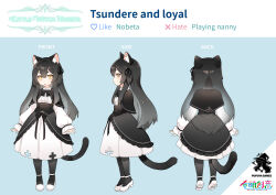 Rule 34 | 1girl, absurdres, animal ear fluff, animal ears, black bow, black bowtie, black dress, black hair, black pantyhose, black tail, bow, bowtie, cat day, cat ears, cat girl, cat tail, character name, character profile, company name, copyright name, dress, female focus, from behind, from side, full body, hair between eyes, heart, highres, little witch nobeta, logo, long hair, looking at viewer, multiple views, official art, pantyhose, phyllis (human) (little witch nobeta), phyllis (little witch nobeta), profile, shoes, sleeves past wrists, solo focus, standing, tail, tsundere, very long hair, white dress, white footwear, yellow eyes