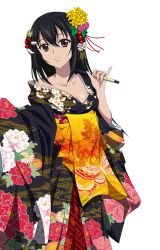 Rule 34 | 10s, 1girl, black hair, breasts, brown eyes, cleavage, collarbone, flower, hair between eyes, hair flower, hair ornament, himeragi yukina, holding, japanese clothes, kimono, long hair, looking at viewer, pink flower, shiny skin, small breasts, smile, solo, standing, strike the blood, transparent background, yellow flower, yukata