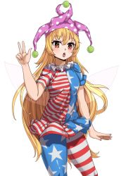 Rule 34 | !, 1girl, american flag dress, american flag legwear, american flag shirt, bad id, bad pixiv id, blonde hair, blush, chestnut mouth, clownpiece, fairy wings, fingernails, flat chest, hat, heart, heart-shaped pupils, highres, jester cap, light, long hair, open mouth, pantyhose, red eyes, short sleeves, simple background, solo, striped clothes, striped pantyhose, symbol-shaped pupils, thighs, touhou, very long hair, white background, wings, zhayoulu