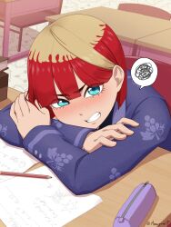 Rule 34 | 1girl, absurdres, amagamip, blonde hair, blush, book, clenched teeth, commentary request, creatures (company), desk, eyelashes, freckles, game freak, green eyes, highres, indoors, long sleeves, looking at viewer, mela (pokemon), multicolored hair, nintendo, paper, pencil, pencil case, pokemon, pokemon sv, red hair, school desk, solo, spoken squiggle, squiggle, teeth, two-tone hair