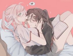 Rule 34 | 2girls, black nails, black shirt, book, brown hair, closed eyes, closed mouth, commentary request, contemporary, dolphin shorts, genshin impact, glasses, green eyes, grey shorts, hands on another&#039;s face, highres, hu tao (genshin impact), hug, long hair, lying on lap, multiple girls, nutthanunkhomk1, open book, pink background, pink hair, ponytail, shirt, short sleeves, shorts, simple background, sitting, smile, thai commentary, thought bubble, white shirt, yanfei (genshin impact), yuri