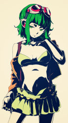 Rule 34 | 1girl, akka, bra, commentary, cowboy shot, frown, goggles, goggles on head, green bra, green eyes, green hair, green skirt, gumi, half-closed eyes, hand up, jacket, looking at viewer, gumi (v3 megpoid), midriff, miniskirt, navel, off-shoulder jacket, off shoulder, orange jacket, pleated skirt, red goggles, sidelighting, skirt, solo, standing, underwear, vocaloid