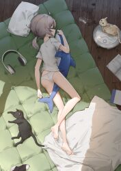 Rule 34 | 1girl, absurdres, barefoot, black cat, book, cat, closed eyes, commentary request, feet, from above, girls&#039; frontline, glass, grey hair, headphones, highres, indoors, long hair, lying, m200 (girls&#039; frontline), hugging object, on bed, on side, orange cat, panties, pillow, ponytail, robotic vacuum cleaner, shirt, solo, spilling, stuffed animal, stuffed shark, stuffed toy, t-shirt, tr07, underwear, white panties, white shirt