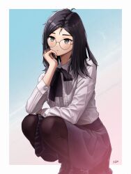 Rule 34 | 1girl, animification, artist self-insert, black footwear, black hair, black ribbon, black skirt, black thighhighs, buttoned cuffs, buttons, expressionless, glasses, grey eyes, hand on own chin, hand on own face, highres, long hair, long skirt, long sleeves, looking at viewer, messy hair, mole, mole under eye, niio (niiochi), original, outside border, ribbon, round eyewear, shirt, signature, simple background, skirt, solo, squatting, thighhighs, white shirt