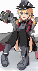 Rule 34 | 1girl, anchor hair ornament, black skirt, black thighhighs, blonde hair, blush, breasts, cannon, gloves, green eyes, hair between eyes, hair ornament, hat, highres, kantai collection, large breasts, long hair, long sleeves, looking at viewer, low twintails, military, military uniform, miniskirt, open mouth, peaked cap, pleated skirt, prinz eugen (kancolle), rigging, sitting, skirt, smile, solo, suberaku, thighhighs, turret, twintails, uniform, white gloves