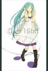 Rule 34 | 1girl, ^ ^, ahoge, aqua hair, bare shoulders, black socks, blush, cable, closed eyes, closed mouth, collarbone, dress, full body, hatsune miku, headphones, kneehighs, pillarboxed, shade, simple background, smile, socks, solo, standing, vocaloid, white background, white dress, yoshito