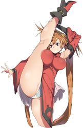 Rule 34 | 1girl, ankle boots, boots, breasts, brown eyes, brown hair, china dress, chinese clothes, commentary request, dress, flexible, guilty gear, guilty gear xrd, hair ornament, high heel boots, high heels, highres, kuma (jk0073), kuradoberi jam, large breasts, leg up, long hair, looking away, panties, pelvic curtain, red dress, shiny skin, simple background, skirt, solo, split, standing, standing on one leg, standing split, thighs, underwear, white background, wide sleeves