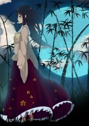 Rule 34 | 1girl, bad id, bad pixiv id, bamboo, bamboo forest, barefoot, cloud, female focus, forest, fuurin (omaemona), grass, hime cut, houraisan kaguya, nature, outdoors, profile, sky, solo, touhou