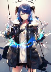 Rule 34 | 1girl, arknights, artist name, bag, black jacket, black shorts, blue eyes, blue hair, commentary, cowboy shot, fur-trimmed jacket, fur trim, gloves, gradient background, grey background, hair between eyes, halo, hands up, highres, holding, holding wand, horns, jacket, long hair, long sleeves, looking at viewer, mostima (arknights), originium arts (arknights), parted lips, roman numeral, sakusyo, shirt, shorts, signature, solo, standing, wand, white gloves, white shirt