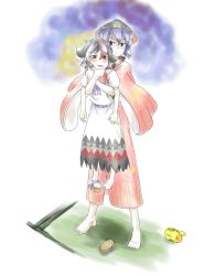 Rule 34 | 2girls, aged up, barefoot, black hair, blue eyes, blue hair, blush, bowl, cink-knic, dress, grey horns, hat, height difference, horns, japanese clothes, kijin seija, kimono, lifting person, mallet, multicolored hair, multiple girls, red hair, short hair, sukuna shinmyoumaru, tears, touhou