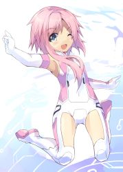 Rule 34 | 1girl, absurdres, bare shoulders, blue eyes, blush, breasts, covered navel, elbow gloves, full body, gloves, highres, jumping, long hair, looking at viewer, neptune (series), normaland, one eye closed, open mouth, pink hair, power symbol, power symbol-shaped pupils, short hair with long locks, single sidelock, small breasts, smile, solo, symbol-shaped pupils, white sister ram
