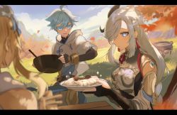 Rule 34 | 1boy, 2girls, absurdres, aqua hair, aunt and nephew, black bodysuit, blonde hair, blue eyes, blurry, blurry foreground, blush, bodysuit, braid, breast curtains, breasts, c3t gg, chongyun (genshin impact), cloud, commentary request, cooking pot, day, detached sleeves, flower, flying sweatdrops, food, genshin impact, grey hair, hair between eyes, hair ornament, hair over one eye, highres, holding, hood, hood down, leaf, letterboxed, long hair, low-braided long hair, low-tied long hair, lumine (genshin impact), medium breasts, mountain, multiple girls, outdoors, shenhe (genshin impact), sky, sparkle, white flower