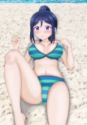 Rule 34 | 1girl, artist name, artist request, bare arms, bare shoulders, bikini, blue hair, blue ribbon, breasts, cleavage, collarbone, cowboy shot, female focus, from below, halterneck, kwsk yohane, lips, long hair, looking at viewer, love live!, love live! school idol festival, love live! sunshine!!, matsuura kanan, medium breasts, multicolored bikini, multicolored clothes, navel, one eye closed, parted lips, ponytail, purple eyes, purple hair, ribbon, side-tie bikini bottom, solo, standing, stomach, striped bikini, striped clothes, swimsuit