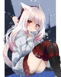 Rule 34 | 1girl, akahaneko, animal ears, warrior of light (ff14), cat ears, cat girl, cat tail, commentary, commentary request, facial mark, final fantasy, final fantasy xiv, grey eyes, hair ribbon, heterochromia, highres, long hair, looking at viewer, miqo&#039;te, red eyes, ribbon, sitting, skirt, slit pupils, snowing, solo, sweater, tail, thighhighs