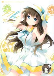 Rule 34 | 1girl, absurdres, aqua eyes, armpits, bare arms, bare shoulders, bead bracelet, beads, blue eyes, blue ribbon, bow, bracelet, breasts, brown hair, buttons, chibi, collarbone, collared dress, cowboy shot, dress, hands on headwear, hands up, hat, head tilt, highres, jewelry, long hair, looking at viewer, medium breasts, mochizuki shiina, neck ribbon, original, parted lips, pixelated, ribbon, scan, sleeveless, sleeveless dress, solo, standing, white dress