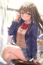 Rule 34 | 1girl, absurdres, adjusting hair, blazer, blue eyes, blush, bow, bowtie, brown hair, buttons, cardigan, classroom, collared shirt, curtains, desk, dot nose, falling feathers, feathers, flower, highres, jacket, long hair, looking at viewer, on desk, orange cardigan, original, plaid, plaid skirt, pleated skirt, red bow, red bowtie, school, school uniform, shirt, sidelocks, sitting, on desk, skirt, sleeves past wrists, smile, solo, sunlight, taiga (ryukyu-6102-8), uniform, vase, white shirt, window