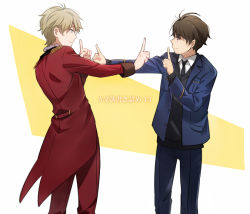 Rule 34 | 2boys, aki (neyuki41028), aldnoah.zero, black necktie, black sweater, blue jacket, blue pants, brown eyes, brown hair, closed mouth, collared shirt, dancing, epaulettes, eye contact, formal, from side, index finger raised, jacket, kaizuka inaho, koi dance, light brown hair, long sleeves, looking at another, male focus, military, military uniform, multiple boys, necktie, open clothes, open jacket, outstretched arm, pants, parody, pocket, profile, red jacket, shirt, slaine troyard, smile, standing, sweater, tailcoat, uniform, white background, white shirt