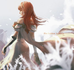 Rule 34 | 1girl, artist name, back, bare shoulders, blurry, celica (fire emblem), copyright name, depth of field, dress, elbow gloves, fingerless gloves, fire emblem, fire emblem echoes: shadows of valentia, from behind, gloves, hairband, long hair, looking at viewer, looking back, mavis fuji, nintendo, petals, red eyes, red hair, solo, wind