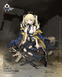 Rule 34 | 1girl, ammunition pouch, artist request, bag, battle rifle, black footwear, black pants, blonde hair, blouse, blue eyes, blue jacket, boots, breasts, character name, closed mouth, clothes pull, copyright name, full body, girls&#039; frontline, gun, hair ribbon, hand on floor, highres, id card, jacket, jacket pull, knee pads, knife, larue tactical obr, looking at viewer, machete, medium breasts, medium hair, mod3 (girls&#039; frontline), obr (girls&#039; frontline), obr (mod3) (girls&#039; frontline), official art, on floor, open clothes, open jacket, pants, pouch, promotional art, ribbon, rifle, shirt, sniper rifle, solo, torn clothes, torn pants, torn shirt, twintails, unworn bag, weapon, white shirt